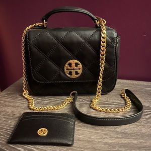 Black Tory Burch bag and card holder